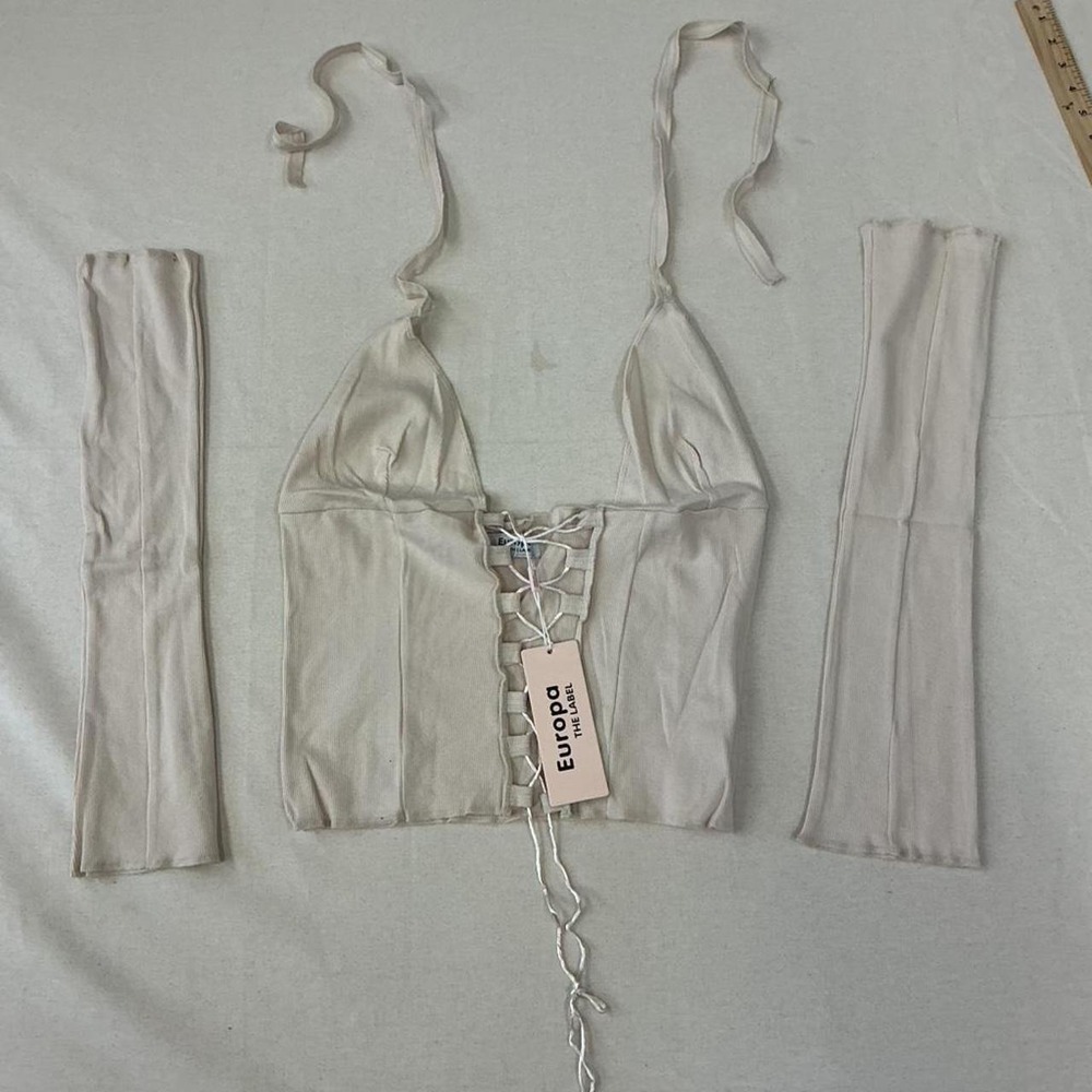 Cream ribbed lace-up halter top with matching arm warmers